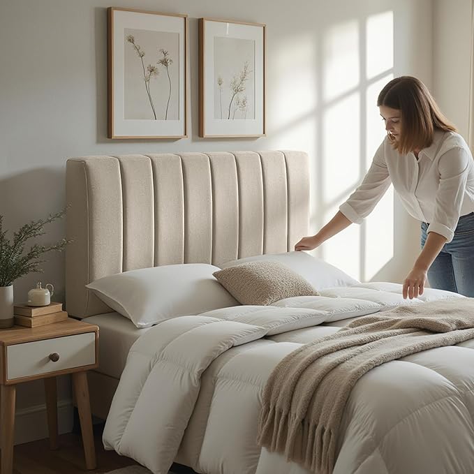 Hearth & Harbor Upholstered Full Headboard - Easy Assemble Channel Stitched Headboard Full Size - Wall Mounted Headboards with 3D Soundproof Wall Panels Peel & Stick Floating Headboards, Beige
