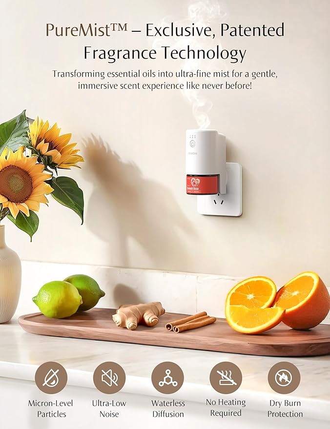 SF101 Pro Waterless Plug-In Air Freshener, 100% Plant-Based Ultrasonic Diffuser, Adjustable 120-Day Scent Air Mist, Covers 100㎡ for Home, Hotel-Citrus Grove & Spiced Lotus
