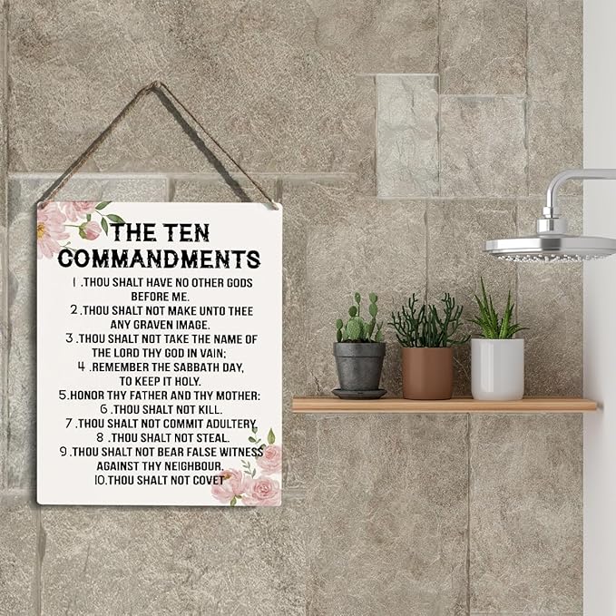 YCYD Ten Commandments Decor,10 Commandments Desk Poster, Christian Bible Verse Decor Religious Home Rustic Wooden Box Sign for Living Room Bedroom Office 10 x 8 Inches flower