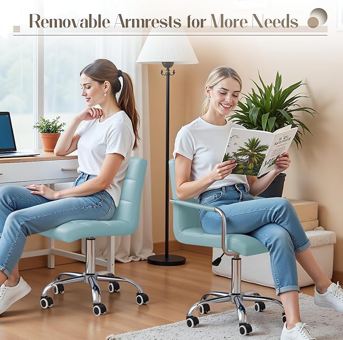 Furmax Mid-Back Office Task Chair Ribbed PU Leather Executive Chair Modern Adjustable Home Desk Retro Comfortable Work Chair 360 Degree Swivel with Arms (Light Blue)