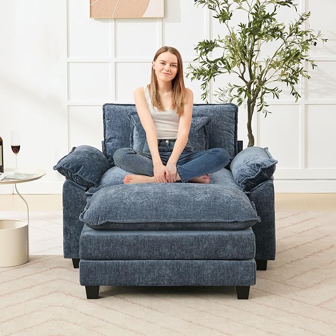 53" Modular Sectional Sofa, Comfy Cloud Couch Sectional Sofa with Ottoman, Chenille Sofa Sleeper Deep Seat Sofa with Throw Pillows for Living Room (Blue)