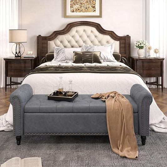 65 Inch Bedroom Bench, End of Bed Bench with Storage, Bed Benches for Foot of Bed, Faux Leather Window Bench with Tufted Button and Nailhead Trim, Upholstered Storage Bench with Rolled Arms, Gray