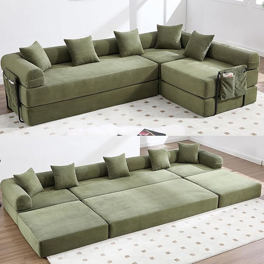 106" Oversized Convertible Sleeper Sofa Bed, Corduroy L Shape Sectional Couch, Folding Sofa Bed with Side Pocket, Modern Cloud Floor Mattress Couch, Modular Sofa for Living Room, Olive Green