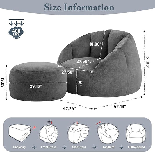 Giant Bean Bag Chaise Lounge Indoor Chair for Adults with Ottoman - Comfy Plush Round Shell Soft Accent Chair, Oversized Cozy Floor Sofa for Living Room, Dorm & Game Rooms, Gray