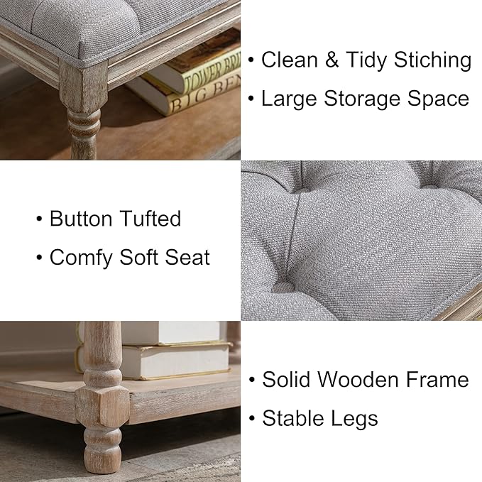 chairus Storage Bench 31.5" W Button Tufted Small Entryway Bench with Wooden Shoes Rack End of Bed Bench with Fabric Linen Upholstered Rectangular Seat for Bedroom Hallway Small Space, Grey