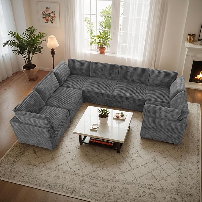 Large 7 Seat Modular Sectional Sofa with Ottoman Seat Corduroy Sleeper Sectional Sofa Bed Oversized Convertible Modular Couch for Living Room