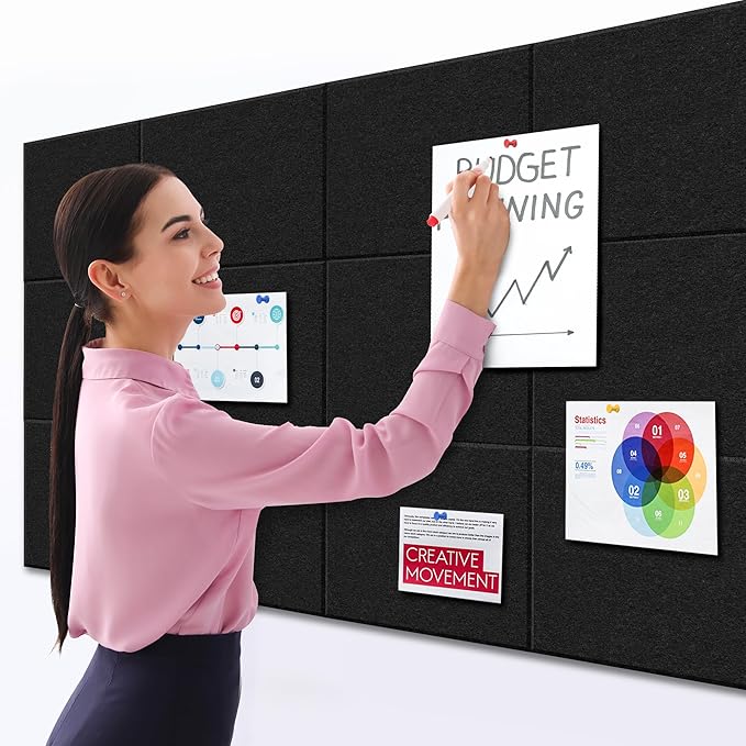 Large Cork Board Alternative - 11.8"x11.8"x0.35" 12 Pack Felt Wall Tiles Self-Adhesive Safe Removable Large Corkboard Bulletin Board Felt Cork Board for Walls Cork Board for Office 48 x 36-Black