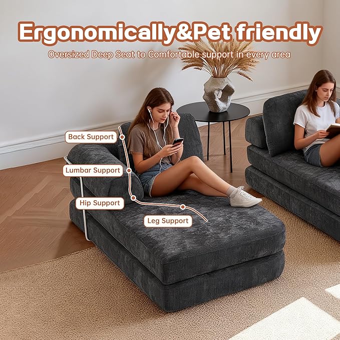 104" Oversized Convertible Sleeper Sofa Bed, Chenille L Shape Sectional Couch, Folding Sofa Bed with Fixed-Shape Frame, Modern Cloud Floor Mattress Couch, Modular Sofa for Living Room, Dark Grey