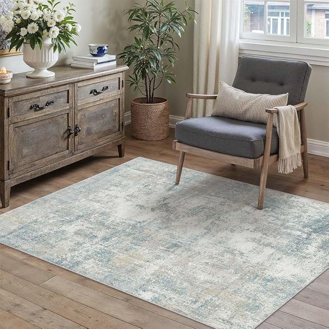 4x6 Washable Area Rug Blue Cream Abstract Entryway Office Throw Rug Neutral Modern Non Slip Soft Low Pile Lightweight Carpet for Kitchen Living Room Bedroom Entrance