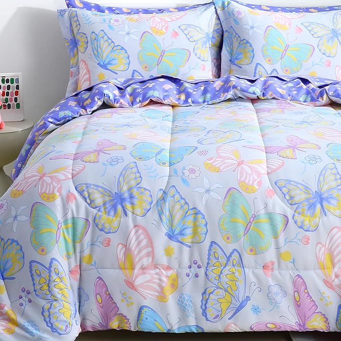 Viviland Kids Full Bedding Sets for Girls, Soft Full Comforter Set with Sheets, 7 Pieces Microfiber Bed in a Bag, Colorful Butterfly