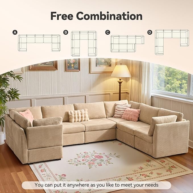 Large 7 Seat Modular Sectional Sofa with Ottoman Seat Corduroy Sleeper Sectional Sofa Bed Oversized Convertible Modular Couch for Living Room