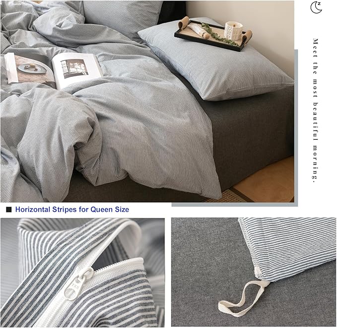 VM VOUGEMARKET Grey Pinstriped Duvet Cover Set Queen 100% Washed Cotton Bedding Set,Ticking Stripes Pattern Duvet Cover with Zipper Closure (3pcs, Horizontal Stripes)