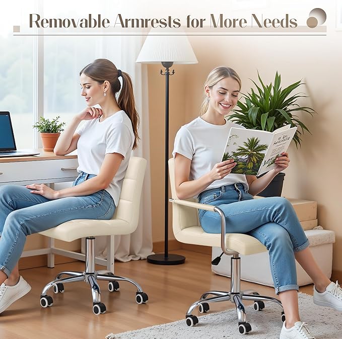 Furmax Mid-Back Office Task Chair Ribbed PU Leather Executive Chair Modern Adjustable Home Desk Retro Comfortable Work Chair 360 Degree Swivel with Arms (Beige)