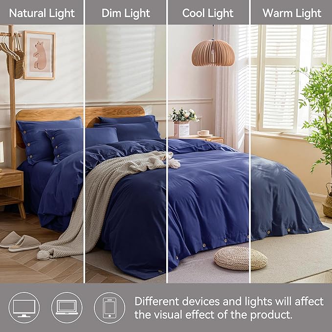 JELLYMONI Cotton Duvet Cover Cal King Size - Navy Blue Comforter Cover with Button 100% Washed Cotton 3PCS Breathable Soft Solid Bedding Set Duvet Cover 104×98in & 2 Pillowcases (NO Comforter)