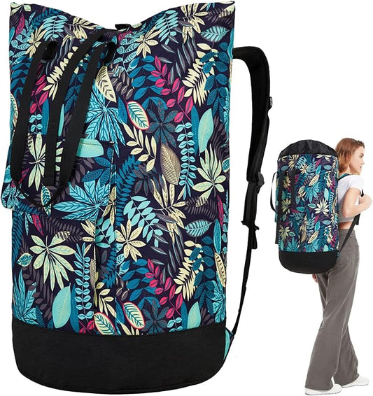 Laundry Bag for College,115L Backpack Extra Large Heavy Duty, Gifts College Dorm, Dorm Room Essentials Girls, Dirty Clothes Travel, Beach, Camping, Apartment and Laundromat, Leaves Jungle