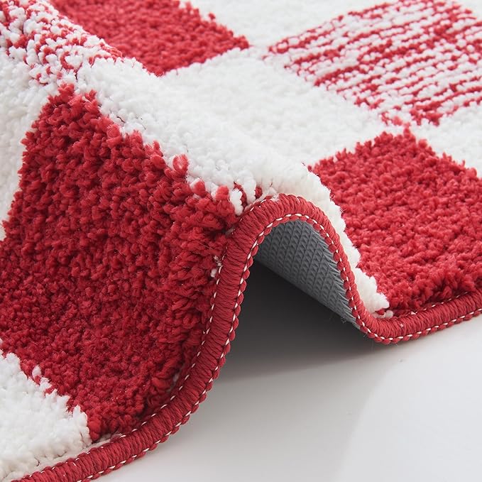 CozeCube Bath mats for Bathroom Non Slip, Fluffy Absorbent Microfiber Bath mat Washable, Aesthetic Bathroom Rugs, Small Christmas Red Checkered Bath mat, Christmas Red, 24" x 16"