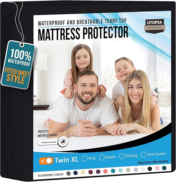 Utopia Bedding Waterproof Mattress Protector Twin XL Size, Premium Terry Mattress Cover 200 GSM, Breathable, Fitted Style with Stretchable Pockets (Black)
