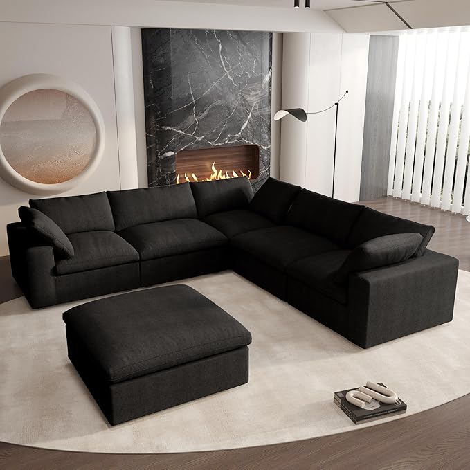 Cloud Couch Modular Sectional Sofa with Storage Ottoman,160.6" Down Filled 6 Seater Couch,V Shaped Oversized Convertible Sectional Sofa for Living Room,Covers Removable & Washable, Black