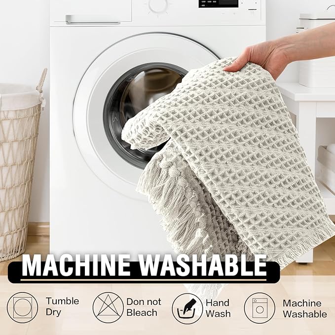 H.VERSAILTEX Waffle Bath Mat Super Absorbent Boho Bath Mat Non Slip Bath Rugs for Bathroom Floor Machine Washable Dry Fast Bathroom Rugs with Tassels (47 x 17 Plus 17 x 24 Inches, Ivory White)
