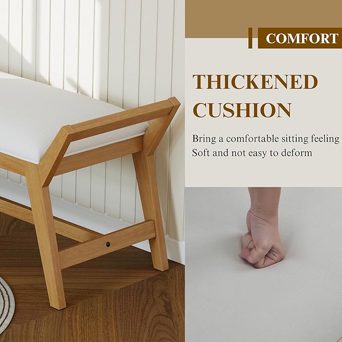 51" End of Bed Bench, Entryway Bench with Solid Wood Frame Fabric Upholstered Ottoman Bench for Entry/Bedroom/Hallway/Living Room,Chenille White