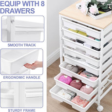 Rolling Storage Cart with Drawers,Utility Cart With 8 Drawers and Wooden Tabletop,Rolling Drawer Cart,Storage Drawer Cart for Living Room,Classroom,Bedroom,Bathroom,Dorm,Office,White