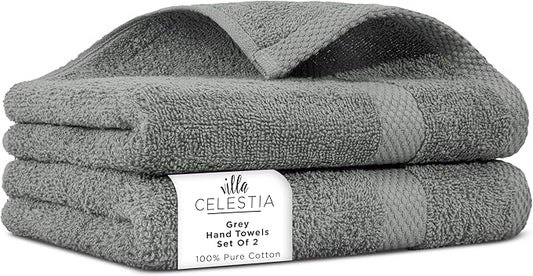 100% Cotton Hand Towel Set of 2, (16 x 28 inches) Sustainable, Soft, Highly Absorbent, Quick Drying, Combed Cotton Hand Towels Pack of 2 Ideal for Hotels, Spa, Bathroom, Dorm, Grey