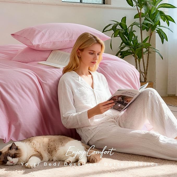 JELLYMONI 100% Natural Cotton 3pcs Striped Duvet Cover Sets,White with Pink Stripes Pattern Printed Comforter Cover,with Zipper Closure & Corner Ties(Queen Size)