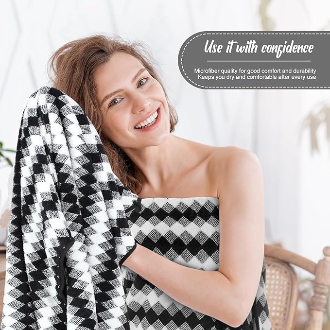 16 Pack Microfiber Bath Towels Bulk 27'' x 60'' Oversized Size Bath Towel Highly Absorbent Extra Large Soft Drying for Shower Beach Winter Salon Sport Gym Party (Grid,Black)