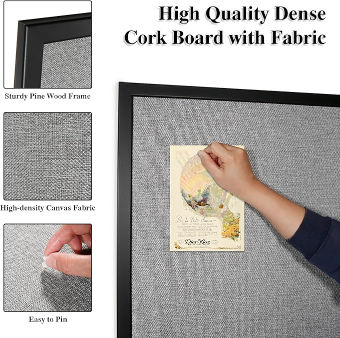 Bulletin Board 46 x 30 Inch, Cork Board for Walls, Wood Framed Bulletin Boards with Grey Canvas, Wall Mounted Corkboard for Office School Home Decorative