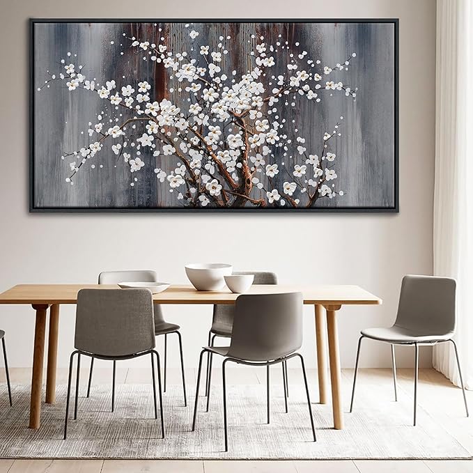 Wall Art for Living Room Large Modern Wall Decor Canvas Paintings for Wall Decorations White Flower Brown Bedroom Office Artwork Plum Blossom Art Prints Framed 29×58IN