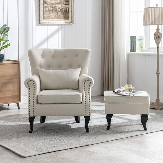 Accent Chair with Ottoman Modern Button Tufted Armchair Wingback Club Chair Linen Fabric Single Sofa Lounge Chair with Pillow for Living Room Bedroom, Beige