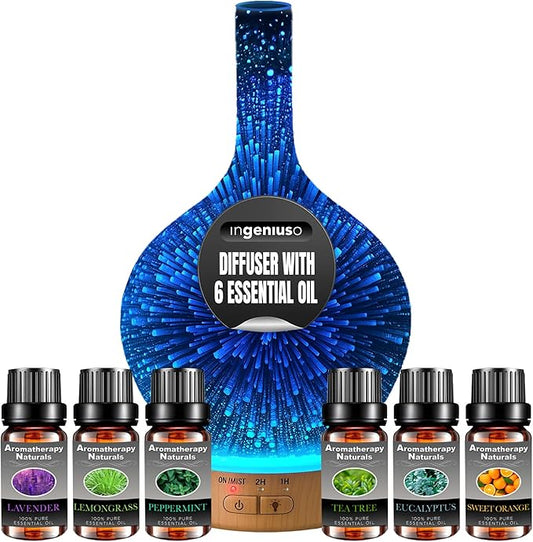 Aromatherapy Essential Oil Diffuser w/ 3D Glass Vase Cover & Colorful LED Light Display | Cool Mist Fragrance Diffuser for Bedroom, Large Room & Dorm | Auto Shut-Off Humidifier w/ 6 Essential Oils