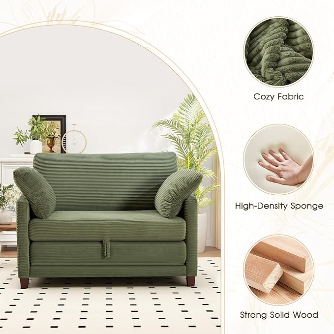51" Convertible Loveseat Sofa Bed, 2-in-1 Folding Sofa Bed with 2 Pillow for Small Spaces, Modern Loveseat Sleeper Couch for Apartment, Living Room & Guest Room (Green Corduroy, 51 inch)