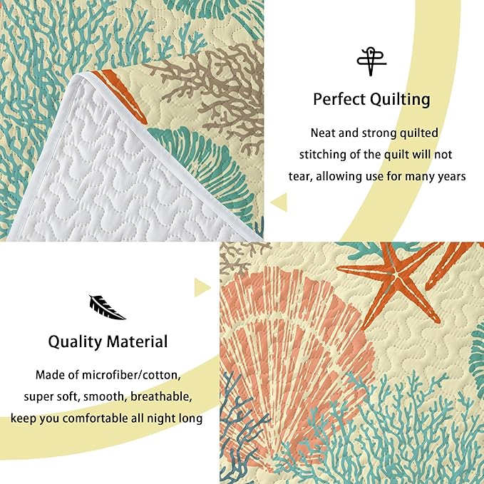 Tritard 3 Piece Coastal Quilt Sets Full/Queen Size - Reversible Microfiber Quilts with 2 Shams Soft Lightweight Beach Bedding Nautical Bedspread Coverlet Summer Comforter for All Season, 90''x96'', C4