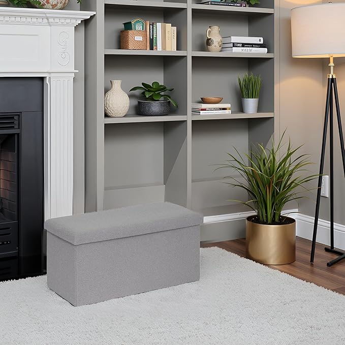 PINPLUS Folding Storage Ottoman Bench, Sherpa Ottoman with Storage, Large Long Shoes Bench Chest with Lid, Footrest for Living Room, Entryway, Grey 30'' x 15'' x 15''