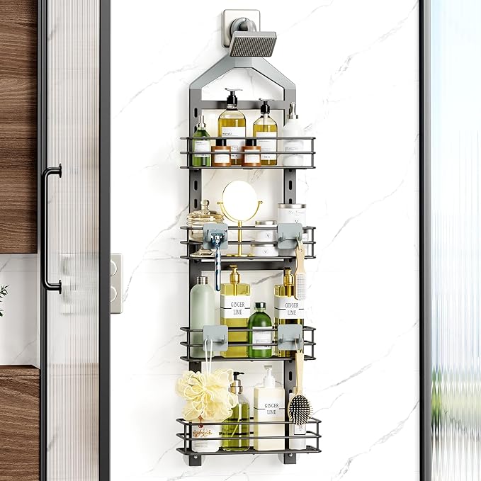 Orimade 4 Tier Adjustable Anti-slip Shower Caddy over Shower Head,Rustproof Bathroom Hanging shower Organizer with 4 Hooks for Razor,No Drilling Shower shelves Storage Rack,Grey