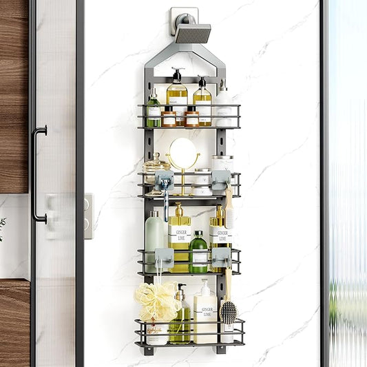 Orimade 4 Tier Adjustable Anti-slip Shower Caddy over Shower Head,Rustproof Bathroom Hanging shower Organizer with 4 Hooks for Razor,No Drilling Shower shelves Storage Rack,Grey