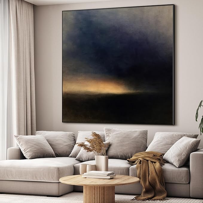 60"x60" XL Framed Wall Art - Moody Abstract Landscape Dark Blue and Golden Horizon Minimalist Foggy Forest Tranquil (Frame Assembly Required)