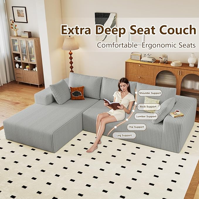 96" Modular Sectional Couch, Boneless L Shaped Cloud Sofa with Chaise Lounge, Corduroy Upholstered Couches Memory Foam Deep Seat, No Assembly Required, Ideal for Living Room(Light Gray, Left Facing)
