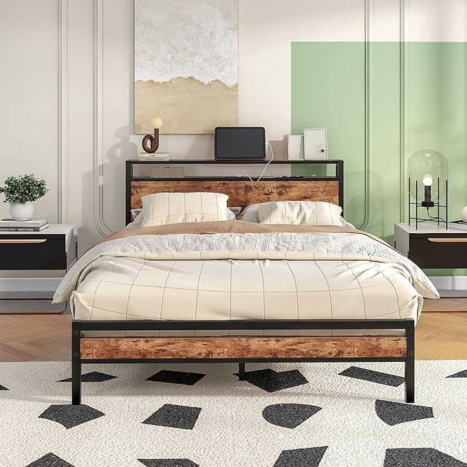 HOJINLINERO Queen Bed Frame with Storage Headboard/Charging Station,Metal Queen Size Bed Frame with Power Outlets/USB Ports No Box Spring Needed,Under Bed Storage,Easy Assembly,Rustic Brown