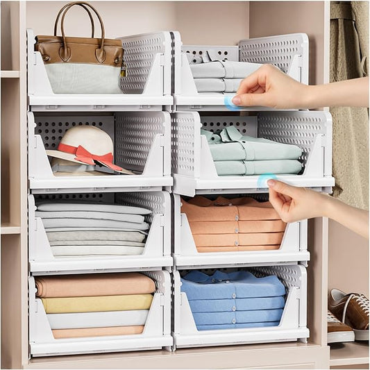 4 Pack Stackable Closet Storage Basket - Stackable Storage Bins, Multifunctional & Foldable Closet Organizer Divided, Wardrobe Cupboard Space-Saving Clothes Storage Hat Organizer, White