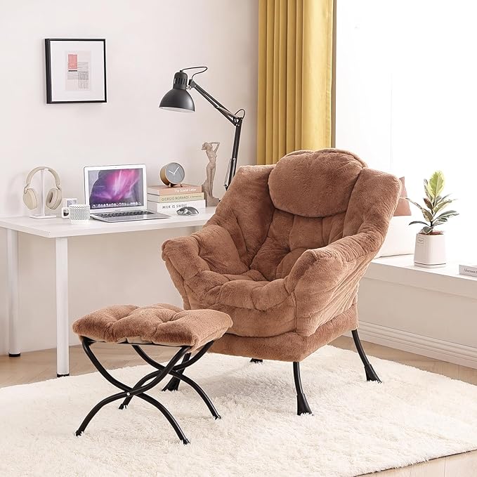 Tiita Lazy Chair with Ottoman, Modern Large Accent Lounge Chair, Leisure Sofa Armchair with Ottoman, Reading Chair with Footrest for Bedroom, Living Room, Dorm Rooms, Garden and Courtyard