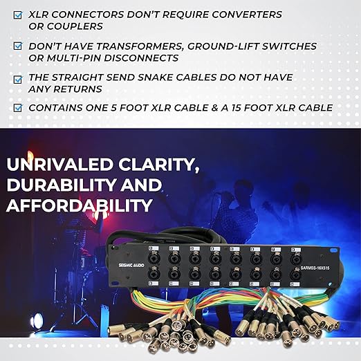 Seismic Audio SARMSS-16x515 Rack Mount 16 Channel XLR TRS Combo Splitter Snake Cable - 5' & 15' XLR trunks
