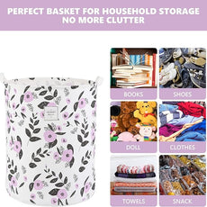 Large Foldable Laundry Basket Organizer Holder portable tall collapsible laundry hamper nusery Storage Basket Bin with Handles Canvas & Waterproof lining for Household Items (Floral Purple)