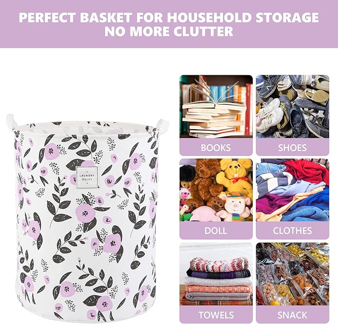 Large Foldable Laundry Basket Organizer Holder portable tall collapsible laundry hamper nusery Storage Basket Bin with Handles Canvas & Waterproof lining for Household Items (Floral Purple)