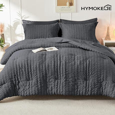 HYMOKEGE Queen Comforter Set Seersucker 7 Pieces, All Season Luxury Bed in a Bag for Bedroom, Bedding Set with Comforters, Sheets, Pillowcases & Shams, Dark Grey