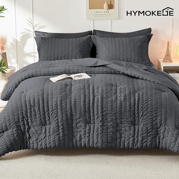 HYMOKEGE Queen Comforter Set Seersucker 7 Pieces, All Season Luxury Bed in a Bag for Bedroom, Bedding Set with Comforters, Sheets, Pillowcases & Shams, Dark Grey