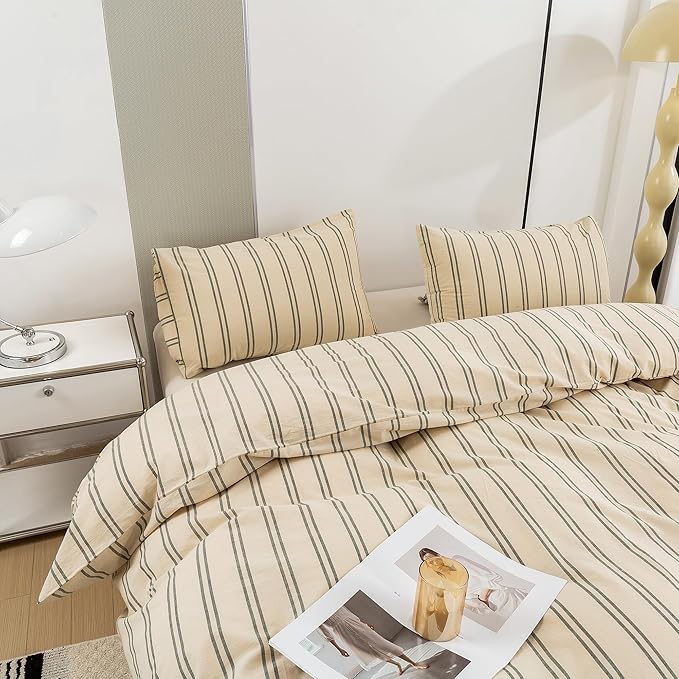 ECOCOTT Duvet Cover Full Size - Linen Feel Organic Natural 100% Washed Cotton, Soft Breathable & Durable Bedding Set, Comfy Stripe Design for All Seasons