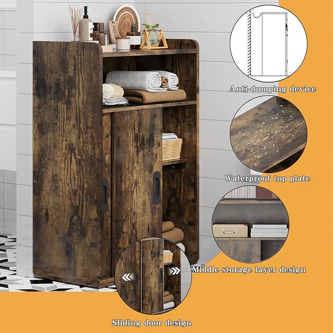 Adjustable Storage Cabinet with Sliding Doors, Multi-Functional Organizer with 2-Tier Shelves, Height-Adjustable Design, Compact Cabinet for Bedroom, Living Room, or Office (Retro Brown)