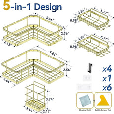 YASONIC Corner Shower Caddy Organizer, 5-Pack Self-Adhesive Rustproof Bath Shelves with Soap Holder & 4 Hooks, Large Capacity Shower Storage Rack for Bathroom Organization, Gold